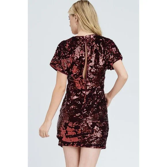 Burgundy Deep V-Neck Sequins Mini Dress - Picture 7 of 7